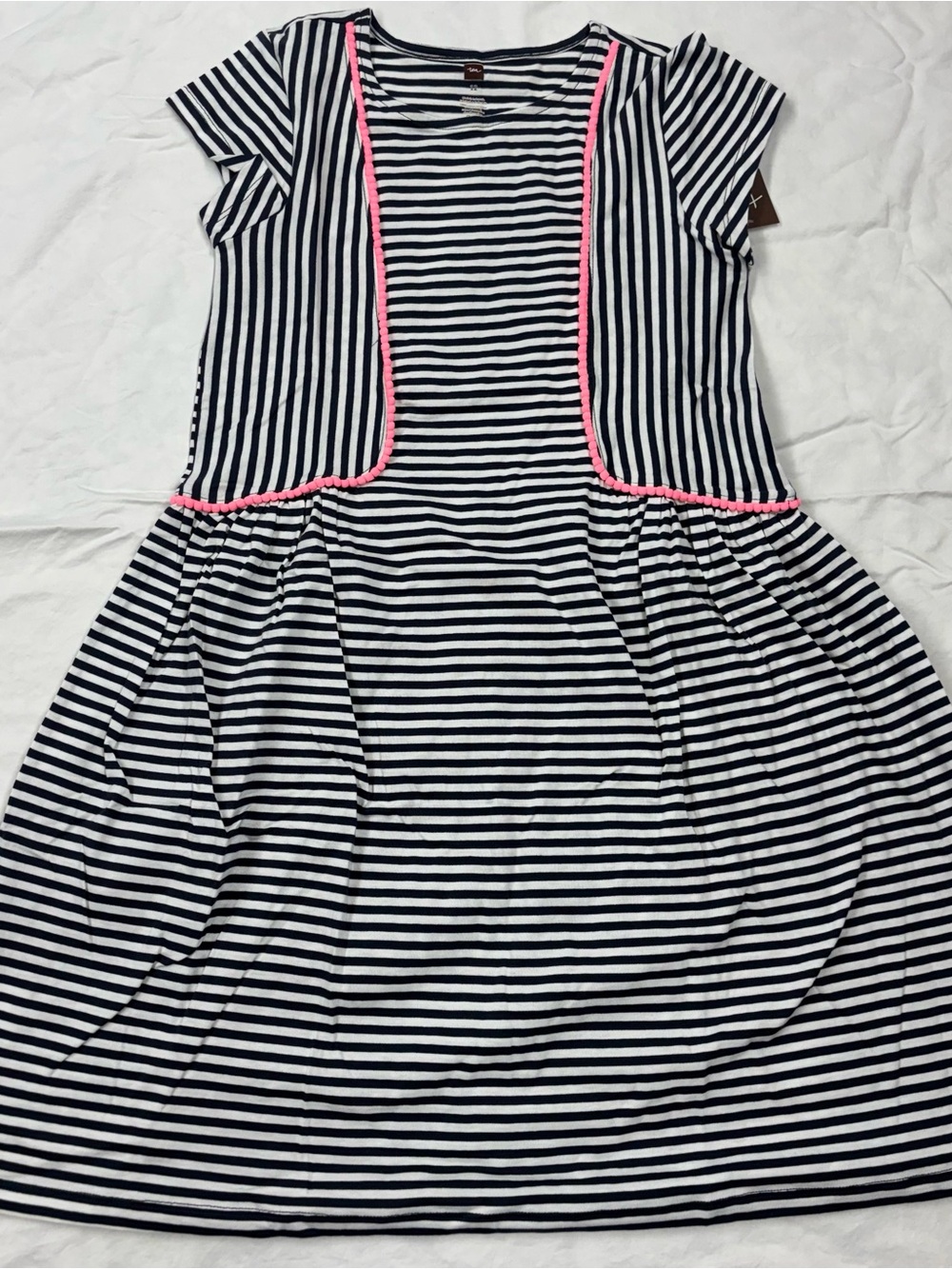 NEW Tea Collection Girls Navy & White Striped Dress Size 12 Pink Trim